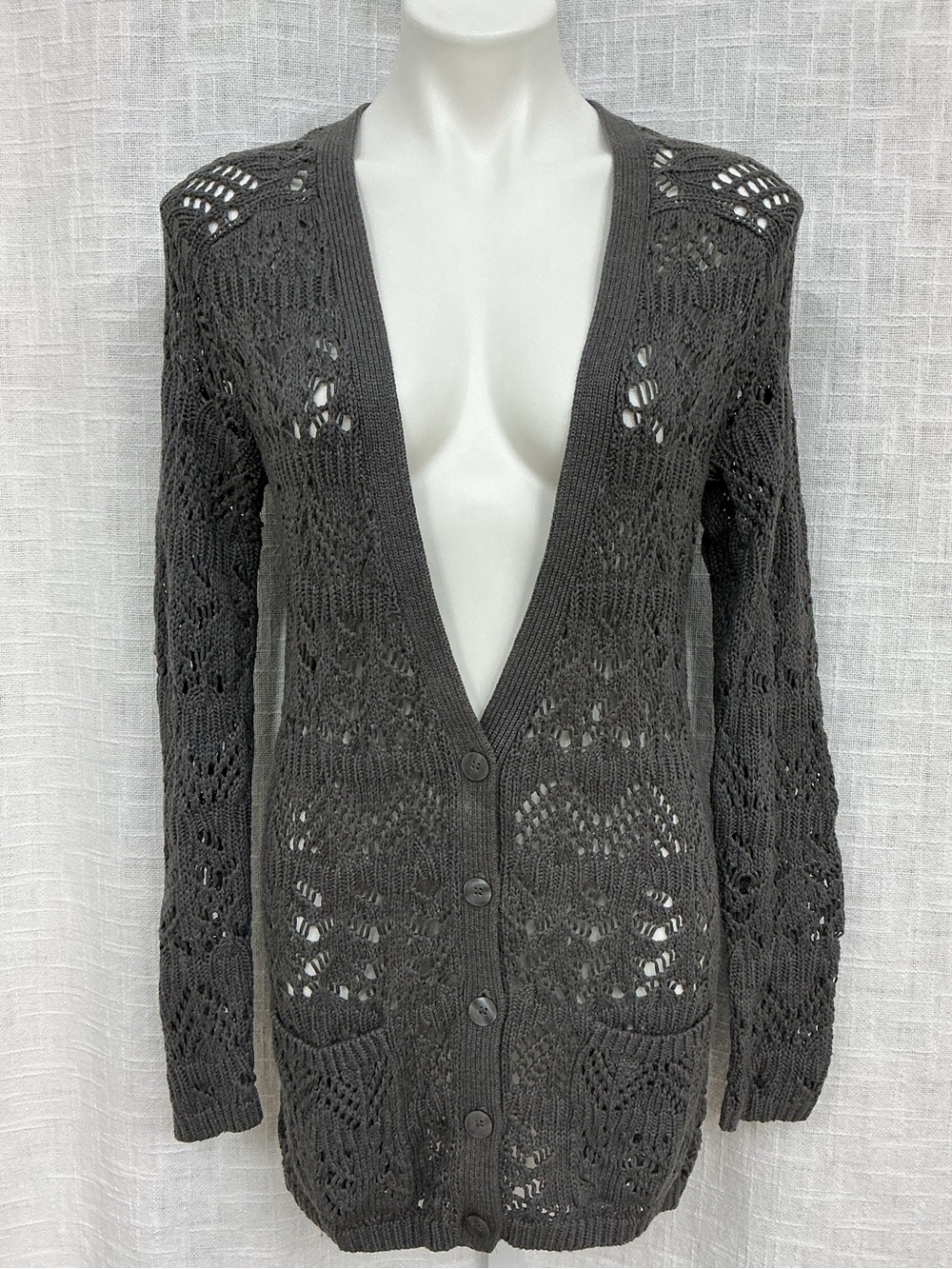 Caslon Dark Gray Openwork Button-Front Cardigan